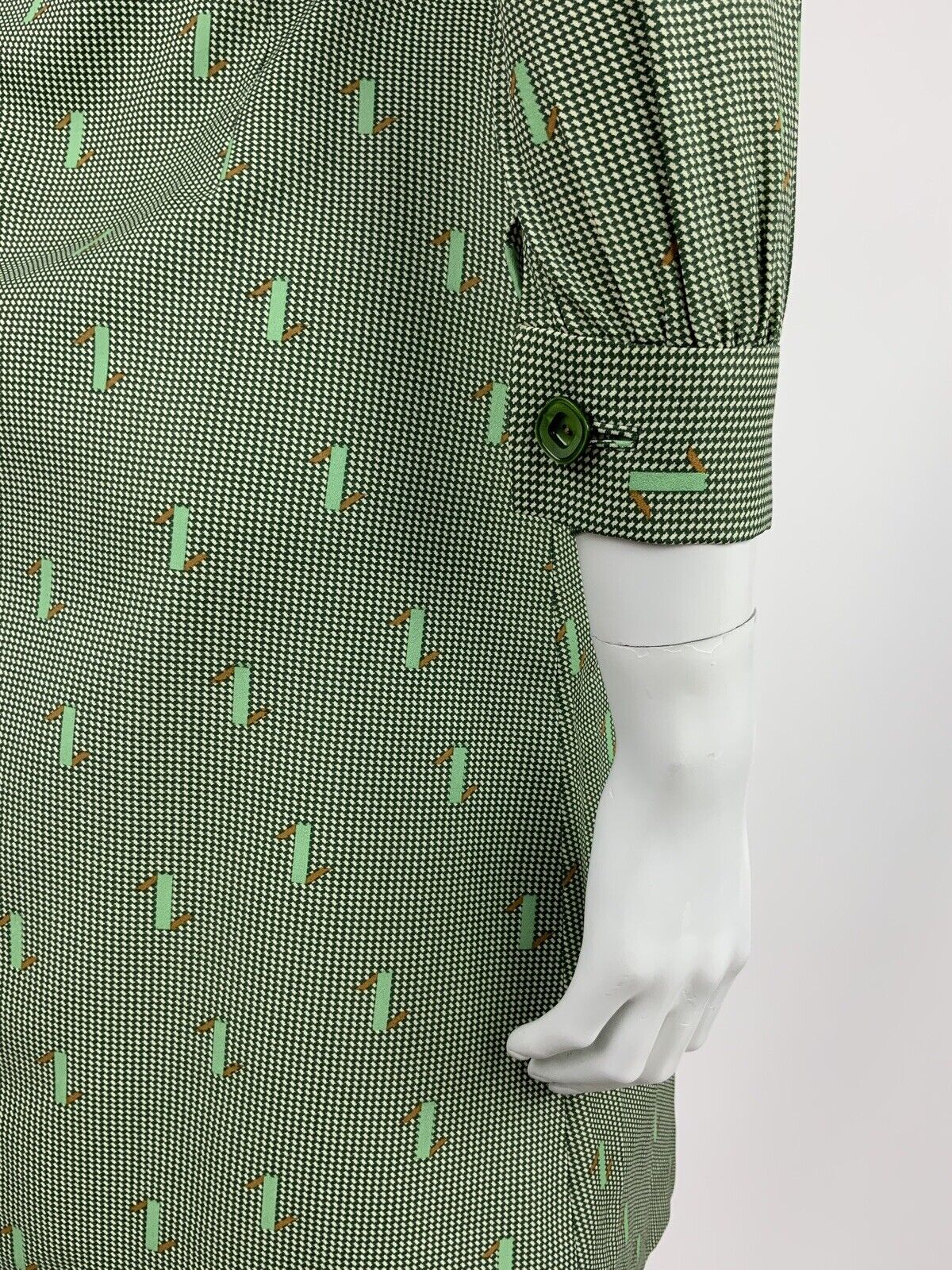 VINTAGE 60s 70s GREEN WHITE BROWN HOUNDSTOOTH GEOMETRIC WING COLLAR DRESS 10