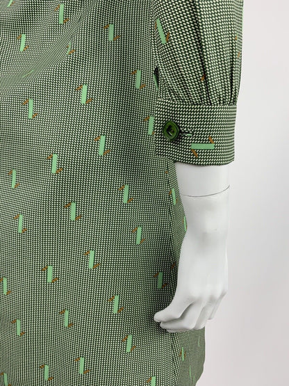 VINTAGE 60s 70s GREEN WHITE BROWN HOUNDSTOOTH GEOMETRIC WING COLLAR DRESS 10