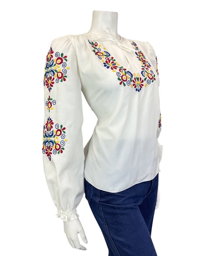 VINTAGE 60s 70s WHITE RED GREEN YELLOW FLORAL EMBROIDERED BOHO FOLK BLOUSE 12