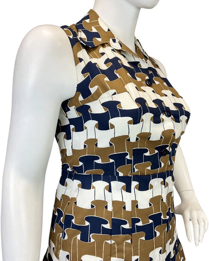 VINTAGE 60s 70s BROWN WHITE BLUE GEOMETRIC RUFFLE MOD DAGGER SHIRT DRESS 16