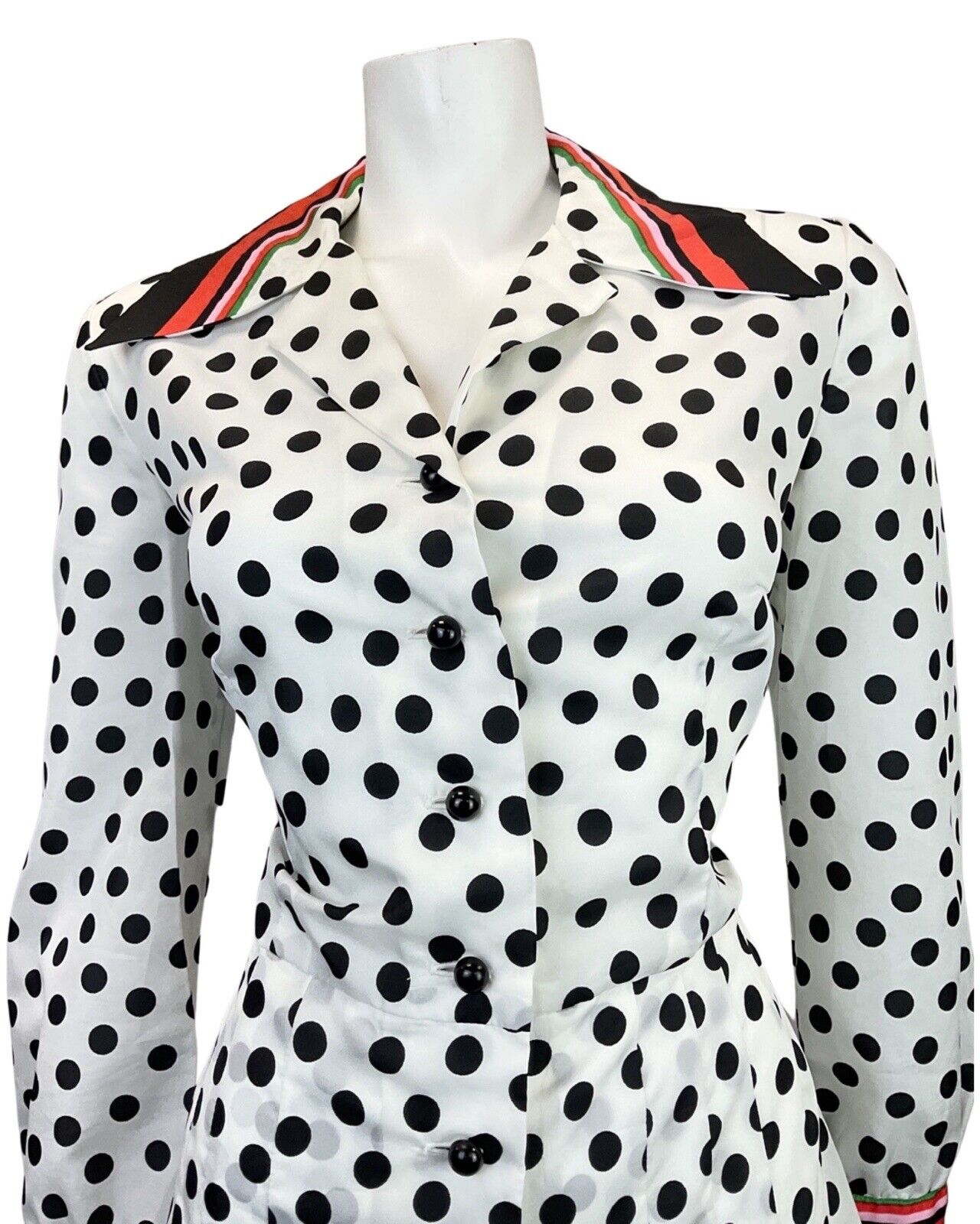 VINTAGE 60s 70s WHITE BLACK RED POLKA-DOT SPOTTED DAGGER SHIRT DRESS 14 16