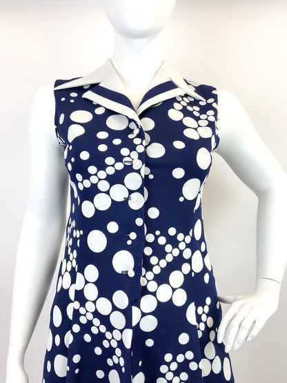 VINTAGE 60s 70s NAVY BLUE WHITE DOTTY MOD SLEEVELESS DAGGER COLLAR DRESS 16 18
