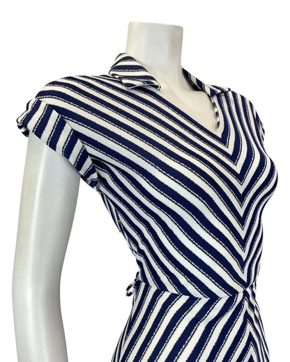 VINTAGE 60s 70s NAVY BLUE WHITE STRIPED MOD SHIRT SWING FLARED DRESS 8 10