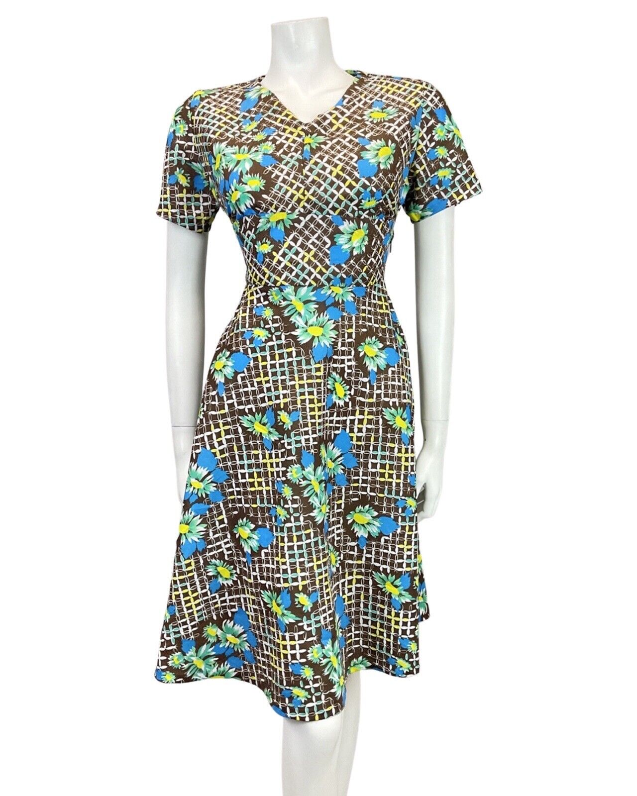 VINTAGE 60s 70s BROWN BLUE WHITE GRID CHECKED FLORAL MOD SWING DRESS 10 12