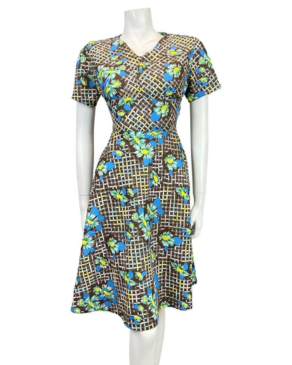 VINTAGE 60s 70s BROWN BLUE WHITE GRID CHECKED FLORAL MOD SWING DRESS 10 12