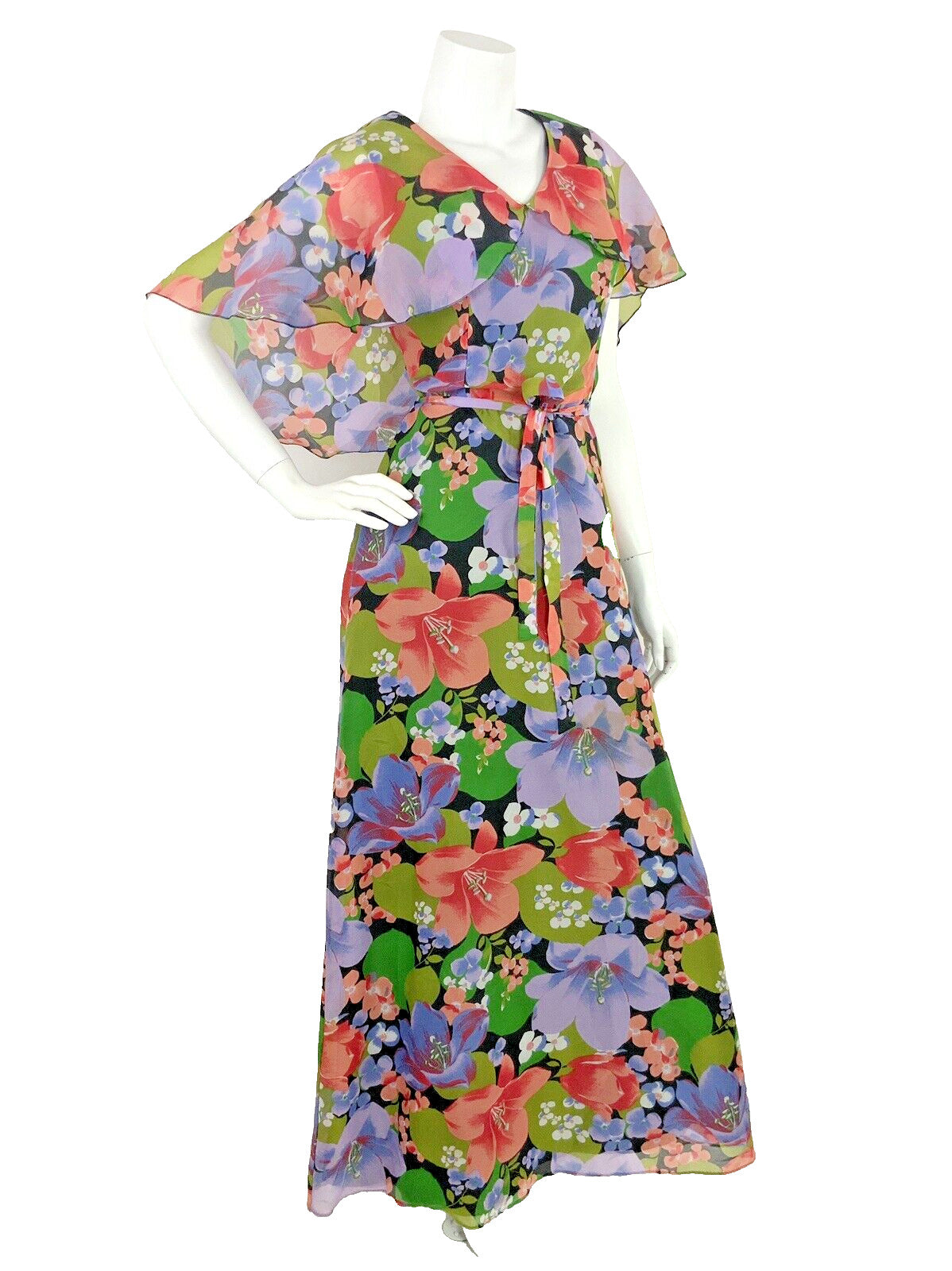 VINTAGE 60s 70s FLORAL MAXI SUMMER DRESS CAPE SLEEVE BLACK GREEN PURPLE PINK 10