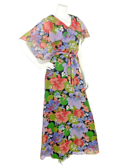 VINTAGE 60s 70s FLORAL MAXI SUMMER DRESS CAPE SLEEVE BLACK GREEN PURPLE PINK 10