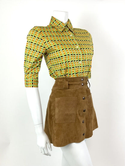 VTG 60s 70s GREEN ORANGE PURPLE GEOMETRIC STRIPED ZIG-ZAG DAGGER SHIRT 8 10