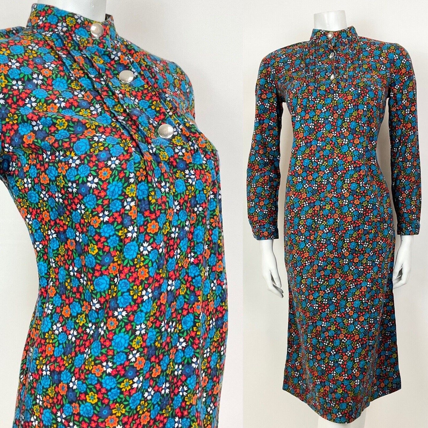VINTAGE 60s 70s BLUE GREEN ORANGE DITSY FLORAL ROSE MOD SHIFT DRESS 10 12