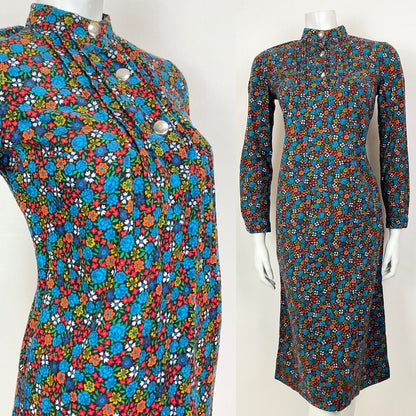 VINTAGE 60s 70s BLUE GREEN ORANGE DITSY FLORAL ROSE MOD SHIFT DRESS 10 12