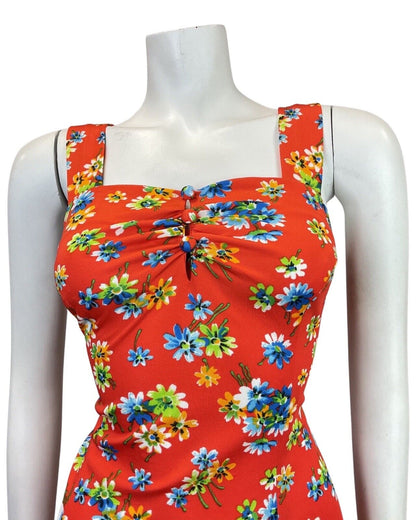 VINTAGE 60s 70s RED BLUE GREEN FLORAL APRON SUMMER SUN DRESS 8