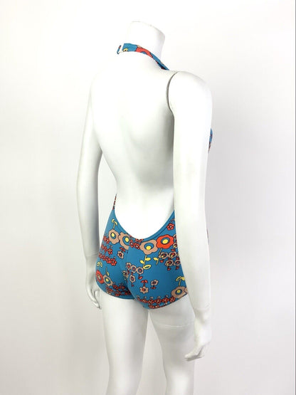 VTG 60s 70s BLUE ORANGE FLORAL DAISY MOD PSYCHEDELIC BATHING SWIM SUIT 8 10