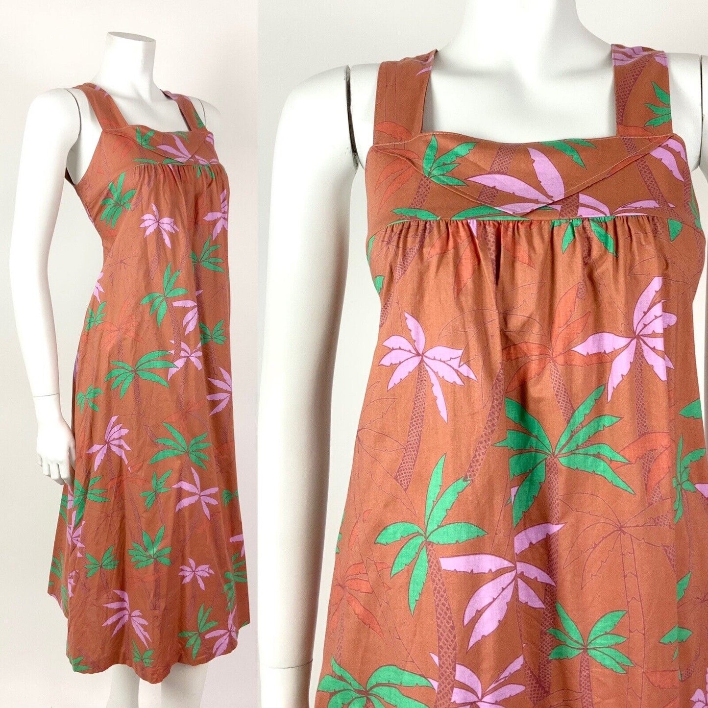 VINTAGE 70s 80s BROWN GREEN PINK PALM TREE LEAFY SLEEVELESS TENT DRESS 8