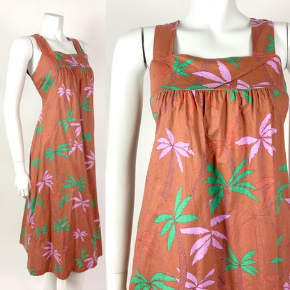 VINTAGE 70s 80s BROWN GREEN PINK PALM TREE LEAFY SLEEVELESS TENT DRESS 8