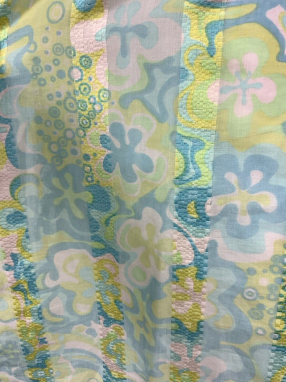 VTG 60s 70s BLUE PINK YELLOW GREEN PSYCHEDELIC FLORAL SLEEVELESS PINNY DRESS 10