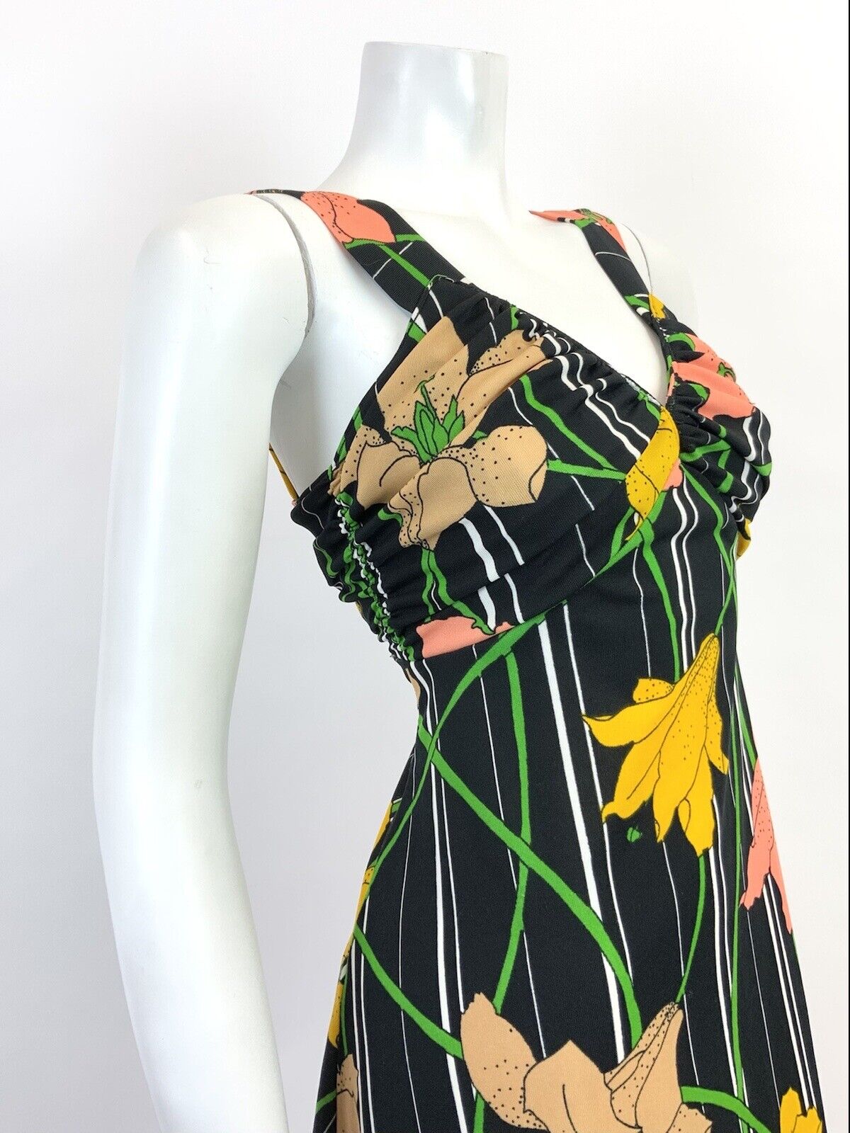 VTG 60s 70s BLACK WHITE YELLOW PEACH STRIPED FLORAL LILY SUMMER SUNDRESS 8 10