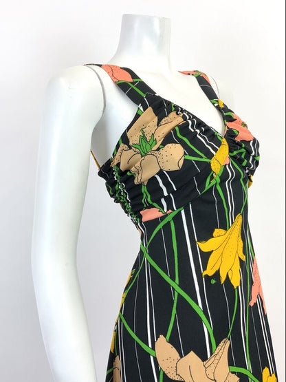 VTG 60s 70s BLACK WHITE YELLOW PEACH STRIPED FLORAL LILY SUMMER SUNDRESS 8 10