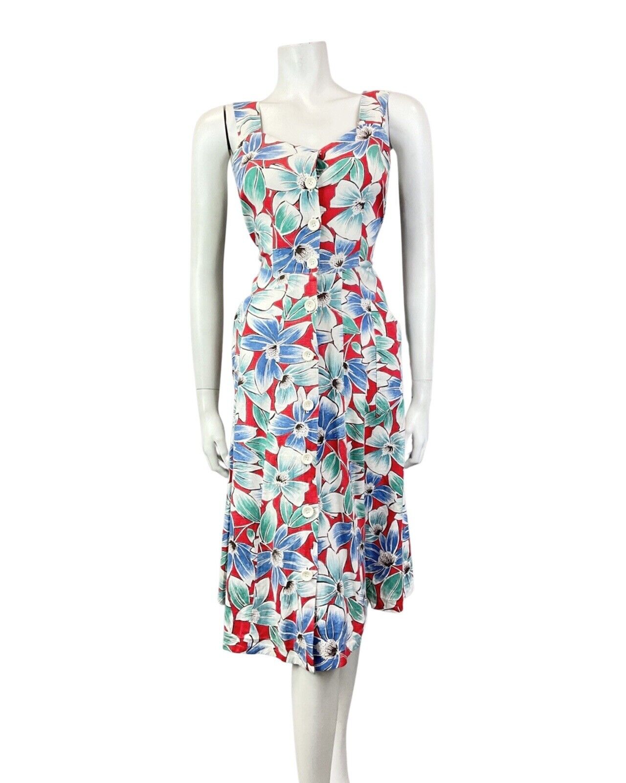 VINTAGE 70s 80s BLUE RED GREEN FLORAL SUMMER SWING SUN-DRESS 10