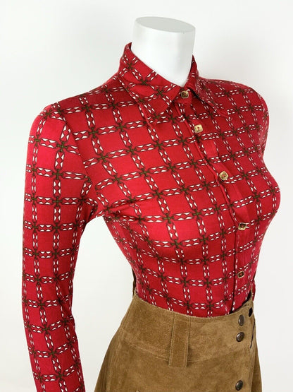 VINTAGE 60s 70s RED GREEN WHITE CHECKED GRID GEOMETRIC MOD DAGGER SHIRT 6 8