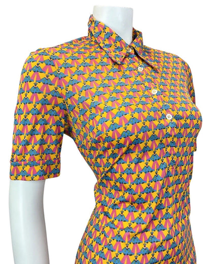 VINTAGE 60s 70s YELLOW BLUE PINK SAILOR FIGURINE PSYCHEDELIC MOD SHIRT DRESS 10
