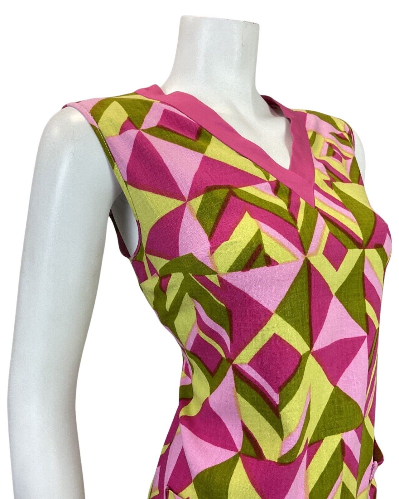 VINTAGE 60s 70s PINK YELLOW GOLD GEOMETRIC SLEEVELESS A-LINE SHIFT DRESS 12