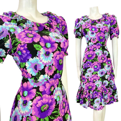 VINTAGE 60s 70s PURPLE BLUE BLACK PINK FLORAL RUFFLE SWING DRESS 14 16