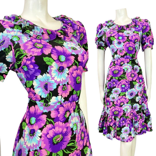 VINTAGE 60s 70s PURPLE BLUE BLACK PINK FLORAL RUFFLE SWING DRESS 14 16