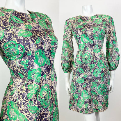 VINTAGE 60s STYLE 90s GREEN PURPLE CREAM PSYCHEDELIC FLORAL ROSE MOD DRESS 8 10
