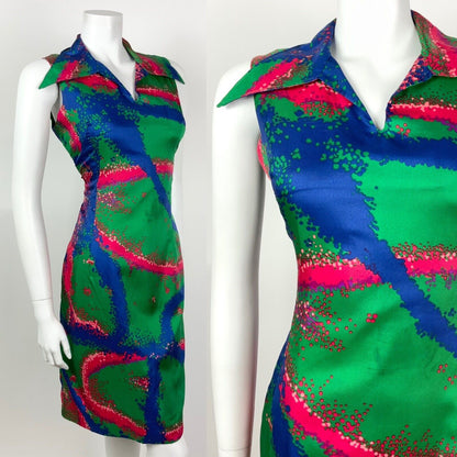 VINTAGE 60s 70s GREEN BLUE RED PINK ABSTRACT PSYCHEDELIC WING COLLAR DRESS 12