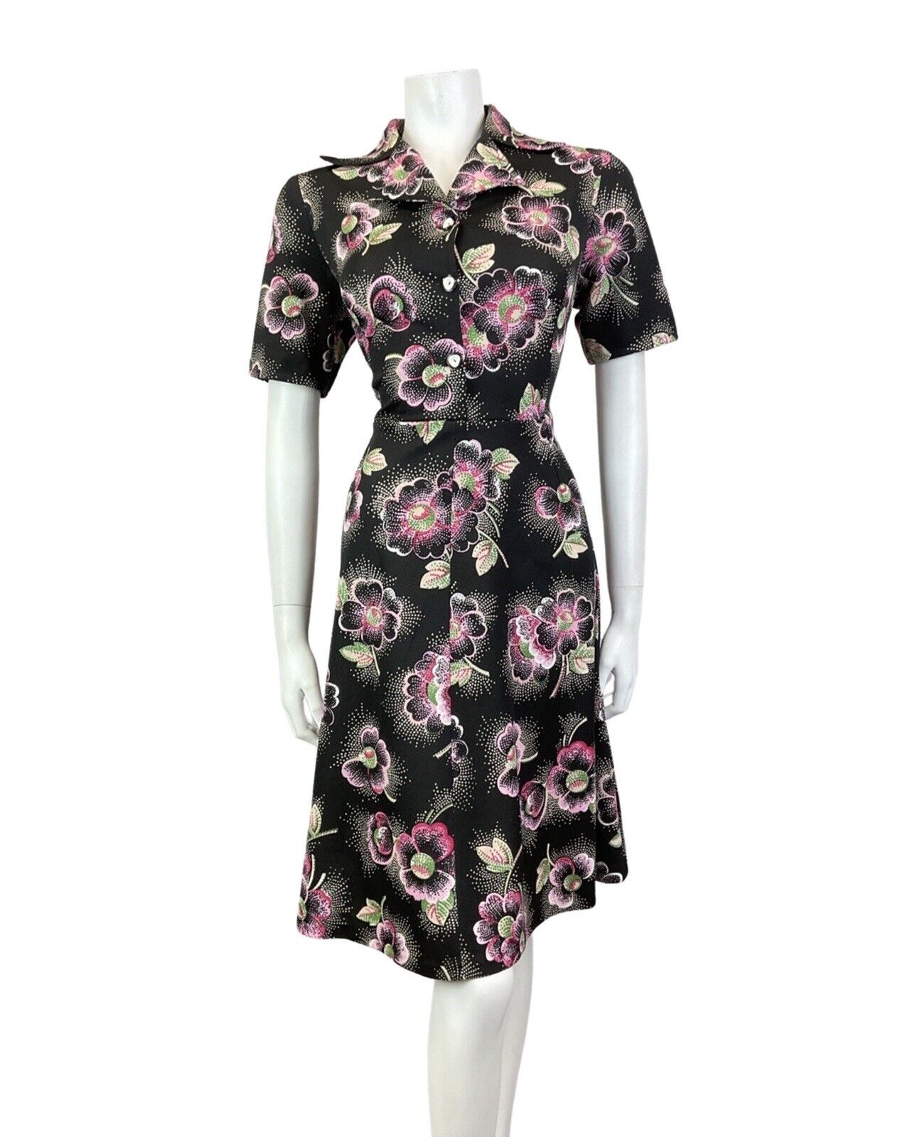 VINTAGE 60s 70s BLACK WHITE PINK FLORAL DOTTY MOD DAGGER SHIRT DRESS 12 14