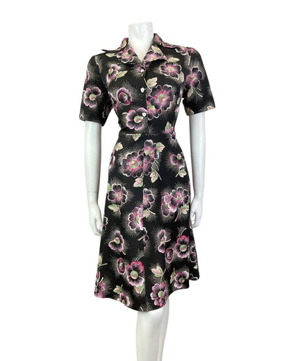 VINTAGE 60s 70s BLACK WHITE PINK FLORAL DOTTY MOD DAGGER SHIRT DRESS 12 14