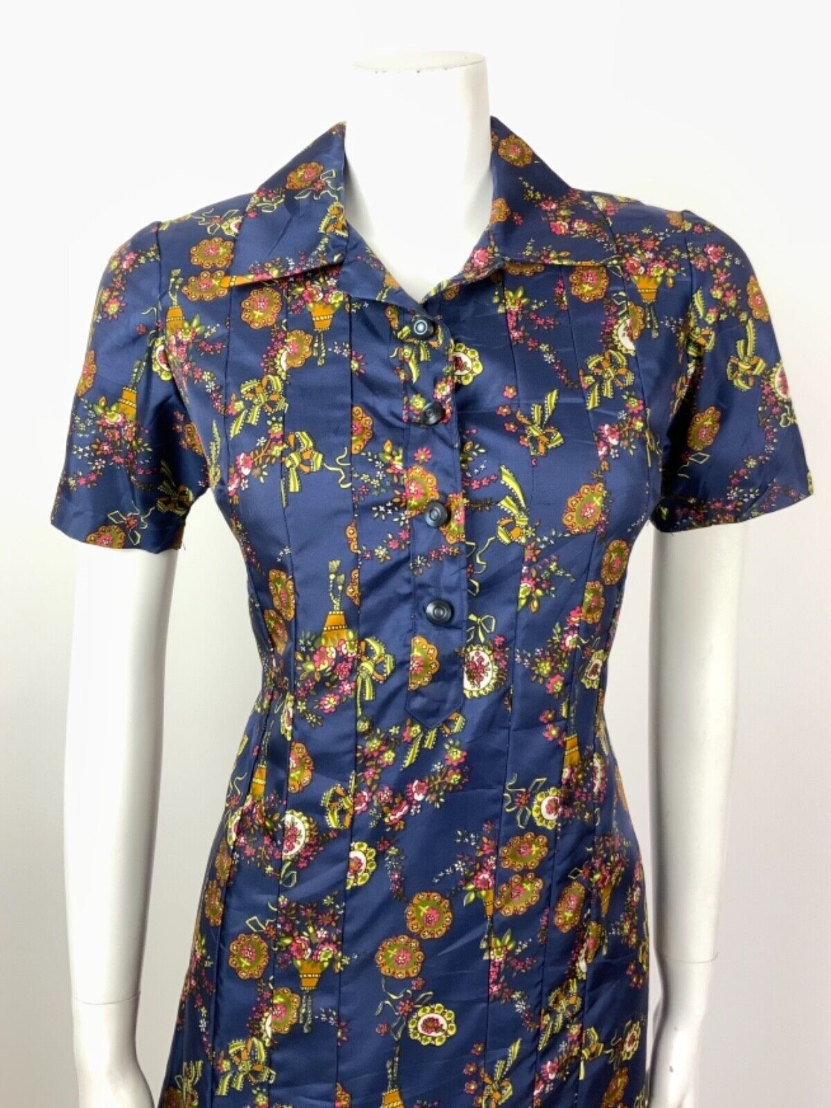 VINTAGE 60s 70s BLUE YELLOW BRONZE PINK FLORAL CAMEO BOW DAGGER SHIRT DRESS 12
