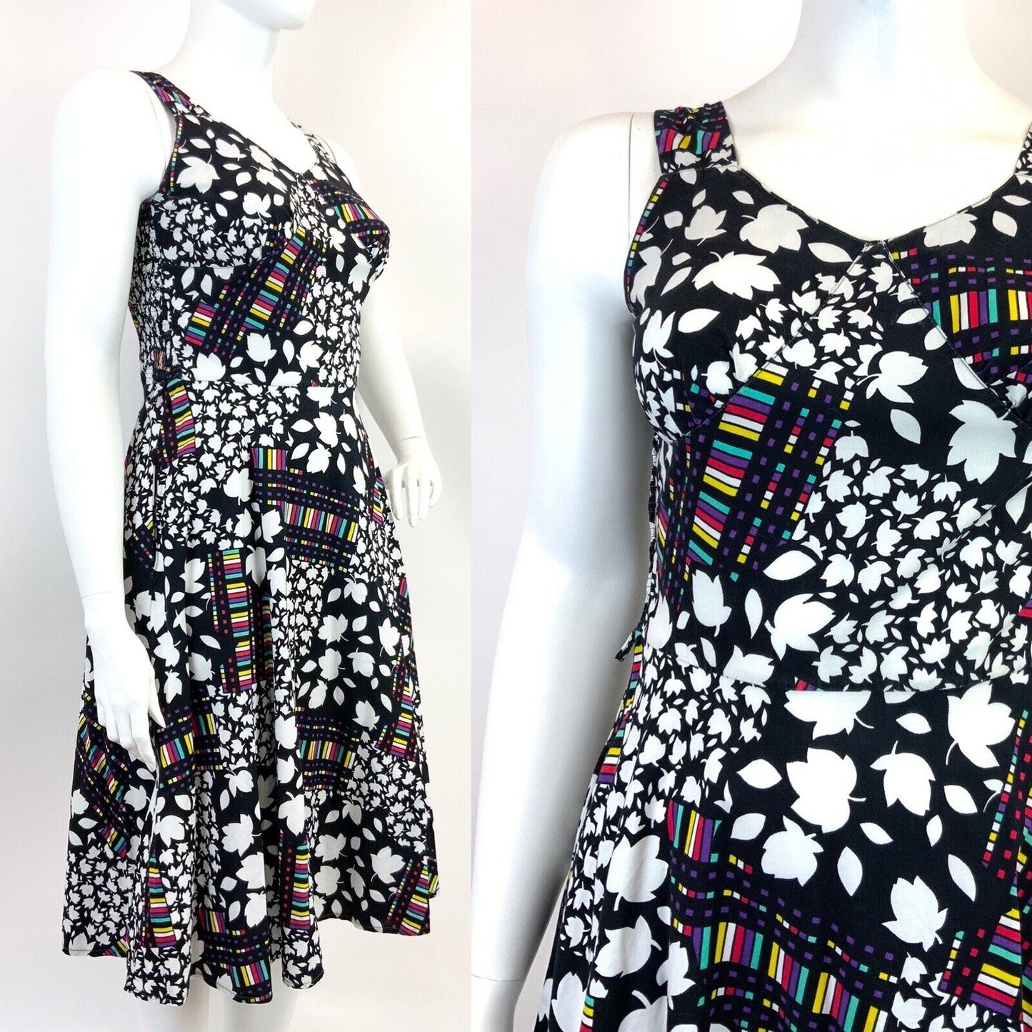 VINTAGE 60s 70s BLACK WHITE RED PURPLE LEAFY FLORAL SLEEVELESS SWING DRESS 16
