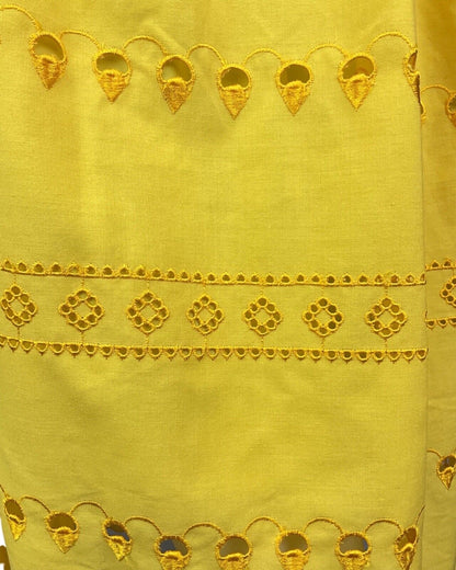 VINTAGE 70s SUNSHINE YELLOW EMBROIDERED CUT-WORK RUFFLED PRAIRIE DRESS 8 10