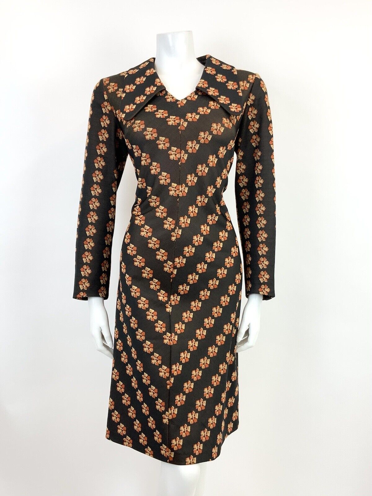 VTG 60s 70s BROWN ORANGE YELLOW FLORAL STRIPED SPOON COLLAR SHIRT DRESS 14 16