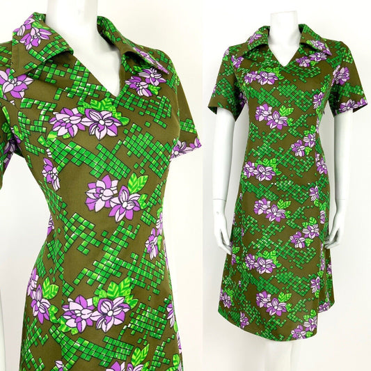VINTAGE 60s 70s OLIVE GREEN PURPLE WHITE FLORAL GEOMETRIC SHIFT DRESS 14 16