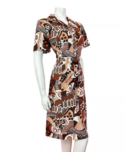 VINTAGE 60s 70s BROWN ORANGE WHITE PSYCHEDELIC SWIRL MOD SHIRT DRESS 14 16