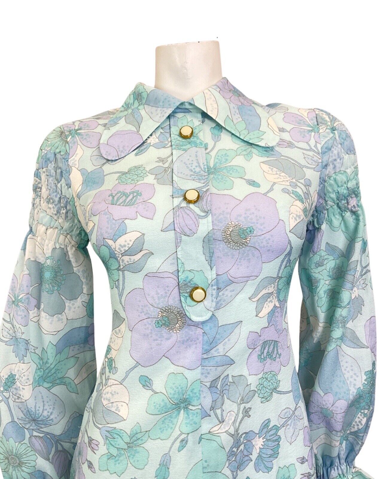 VINTAGE 60s 70s BLUE PURPLE FLORAL JULIET SLEEVE MOD BEAGLE COLLAR DRESS 10 12