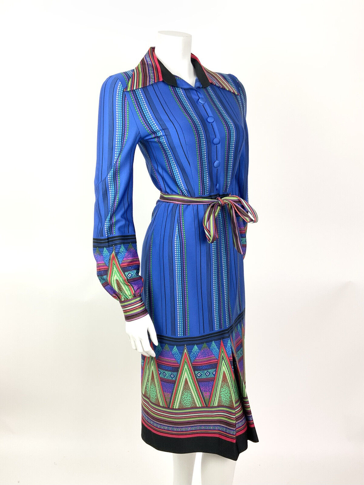 VTG 60s 70s BLUE GREEN PINK DOTTY STRIPED AZTEC BELTED DAGGER SHIRT DRESS 8 10