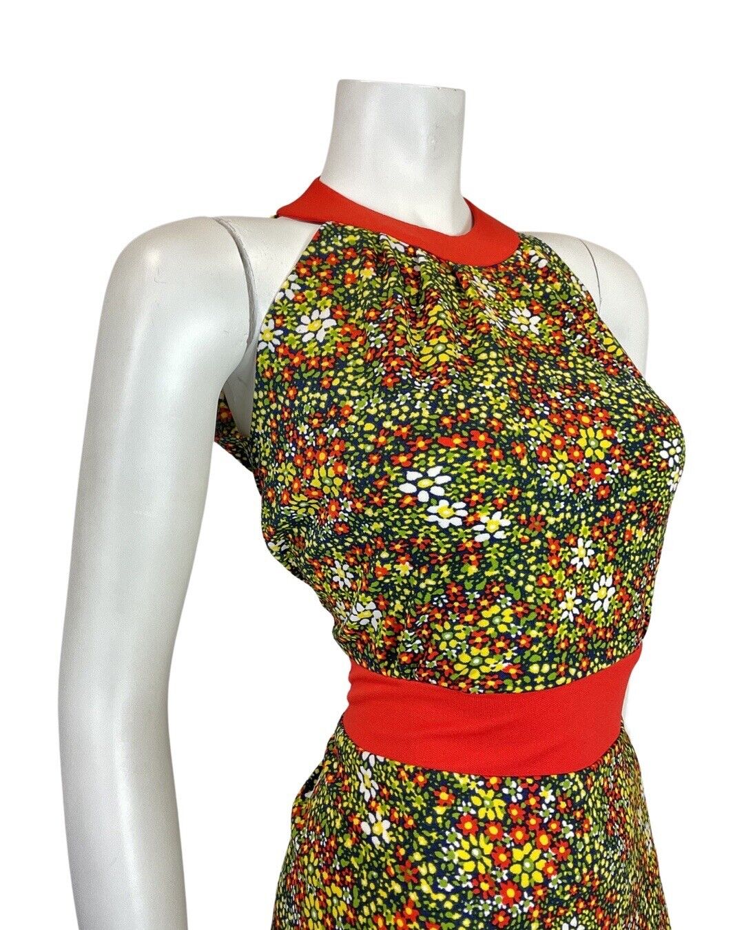 VINTAGE 60s 70s GREEN BLUE RED PSYCHEDELIC DITSY FLORAL HALTER MOD DRESS 12