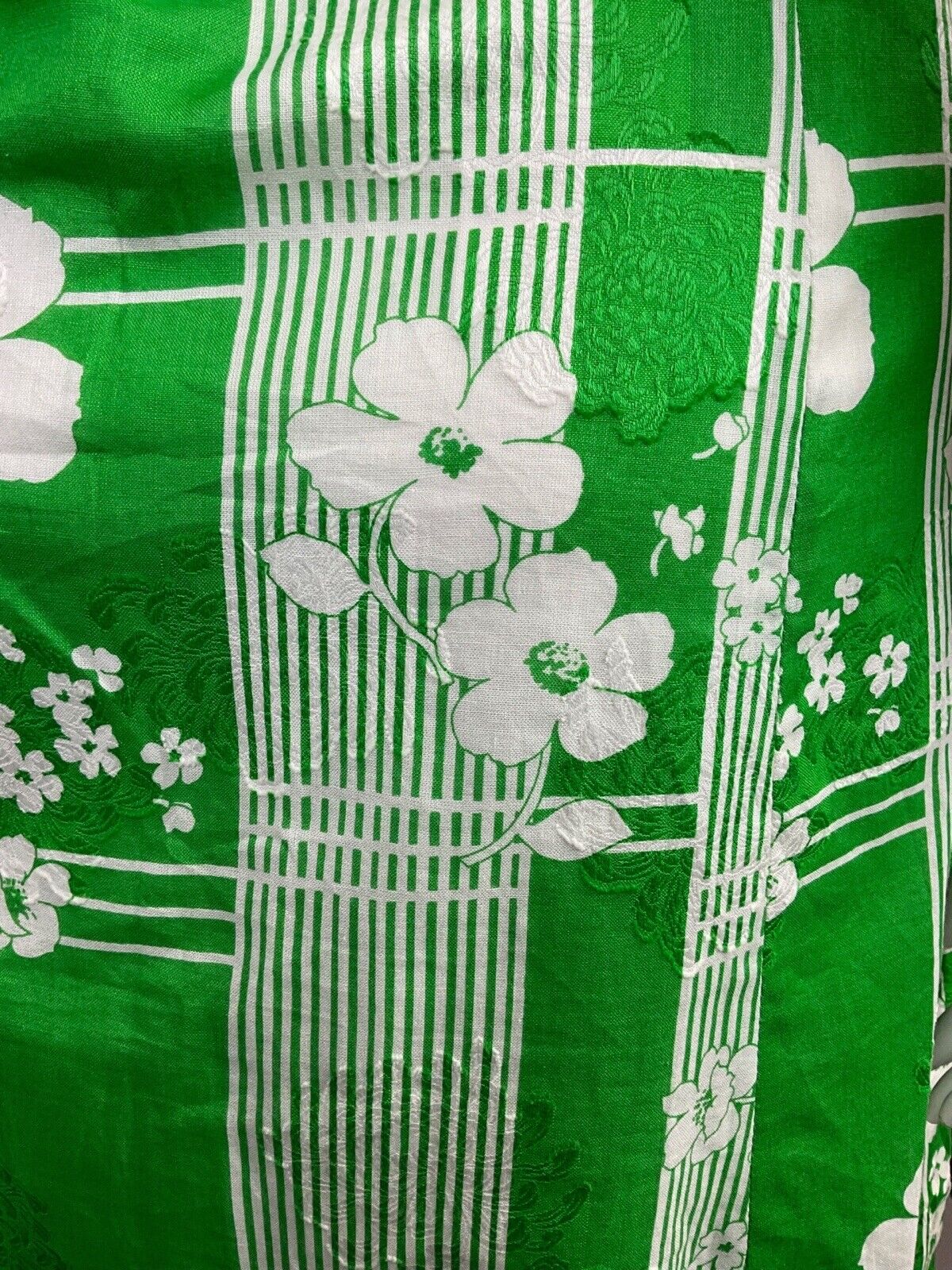 VINTAGE 70s APPLE GREEN WHITE STRIPED FLORAL MOD DAGGER SHIRT DRESS 12 14