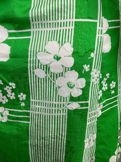 VINTAGE 70s APPLE GREEN WHITE STRIPED FLORAL MOD DAGGER SHIRT DRESS 12 14