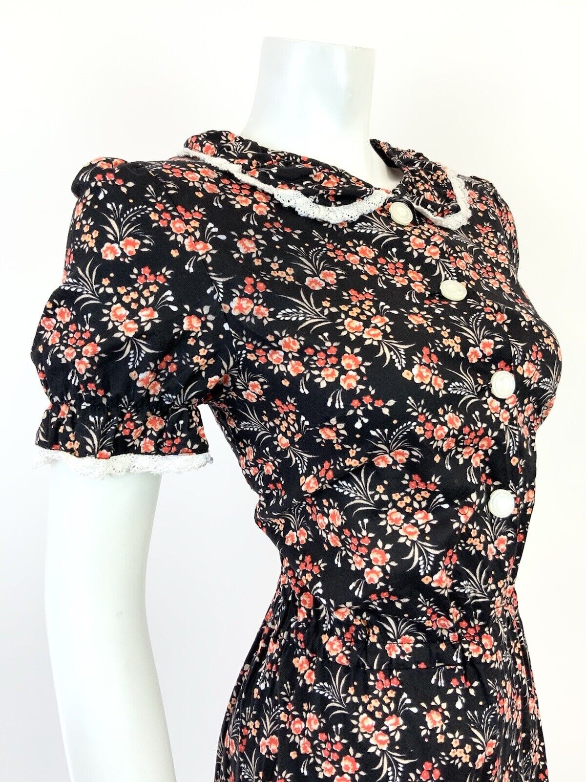 VINTAGE 60s 70s BLACK WHITE RED PEACH FLORAL DITSY PRAIRIE BOHO DRESS 8 10