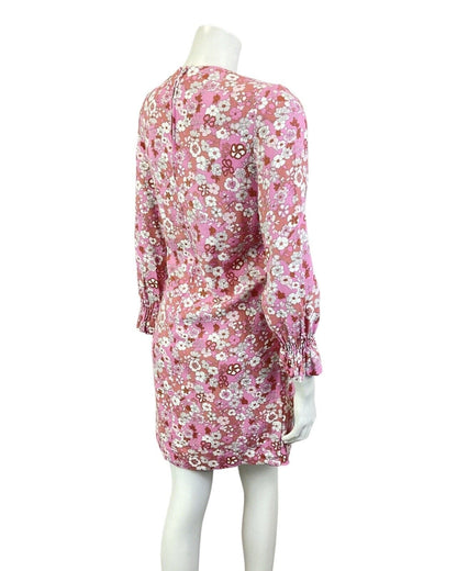 VINTAGE 60s 70s PINK WHITE PURPLE DAISY FLOWER SHIRRED MOD SUMMER DRESS 10 12