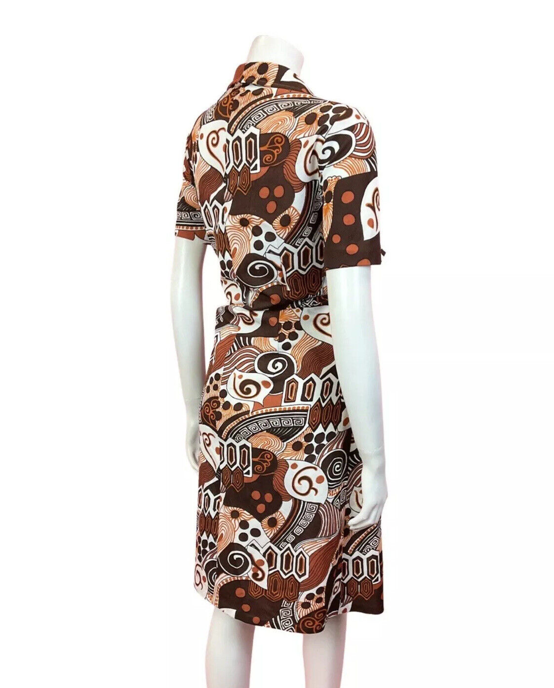 VINTAGE 60s 70s BROWN ORANGE WHITE PSYCHEDELIC SWIRL MOD SHIRT DRESS 14 16