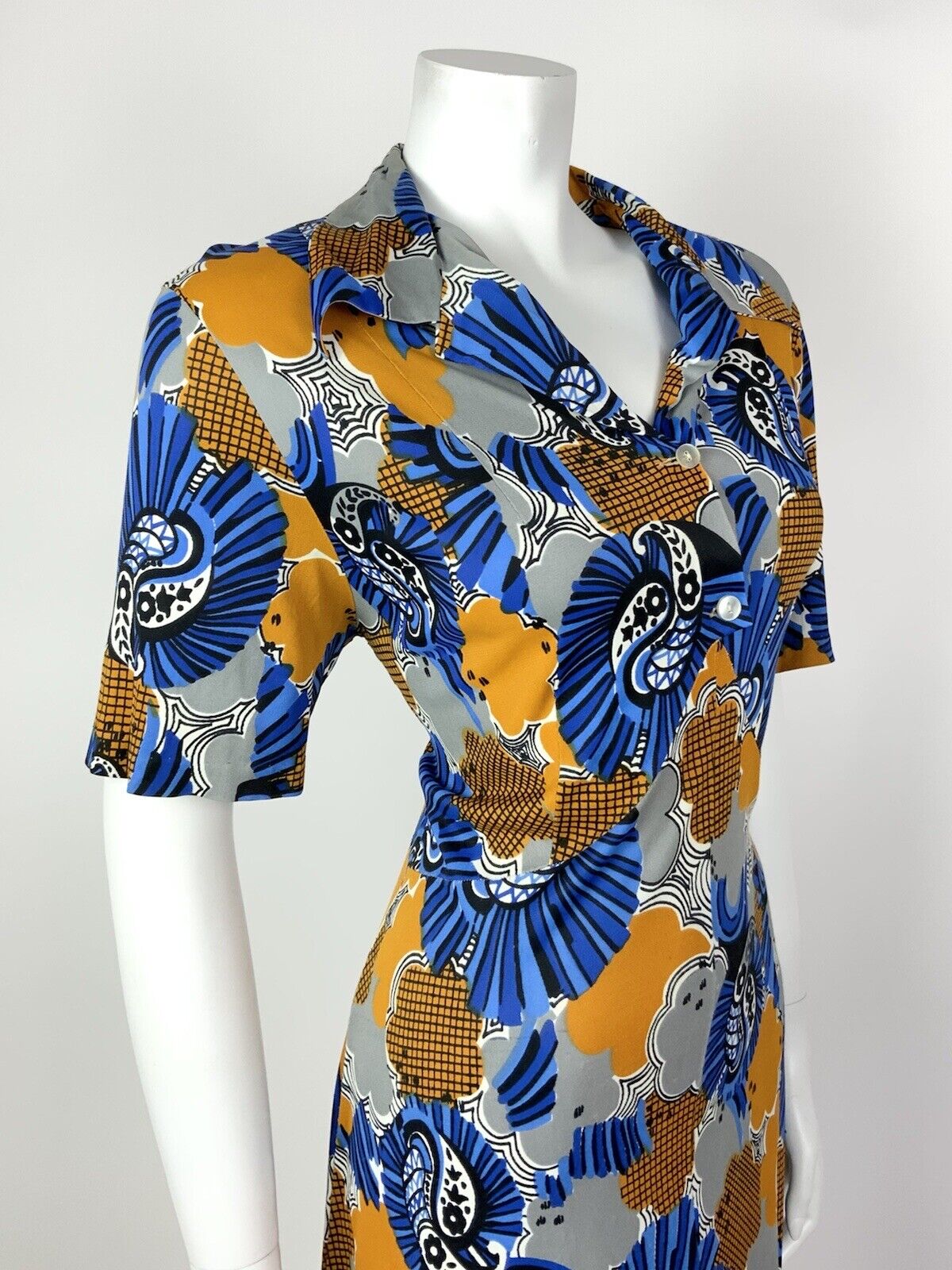VINTAGE 60s 70s BLUE SILVER YELLOW PSYCHEDELIC FLORAL PAISLEY SHIRT DRESS 16 18