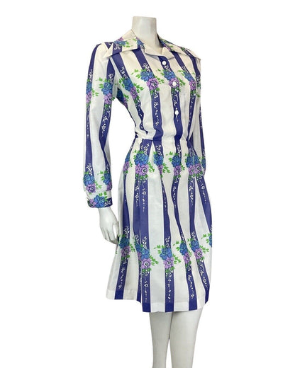 VINTAGE 60s 70s WHITE PURPLE BLUE STRIPED FLORAL WING COLLAR SHIRT DRESS 12 14