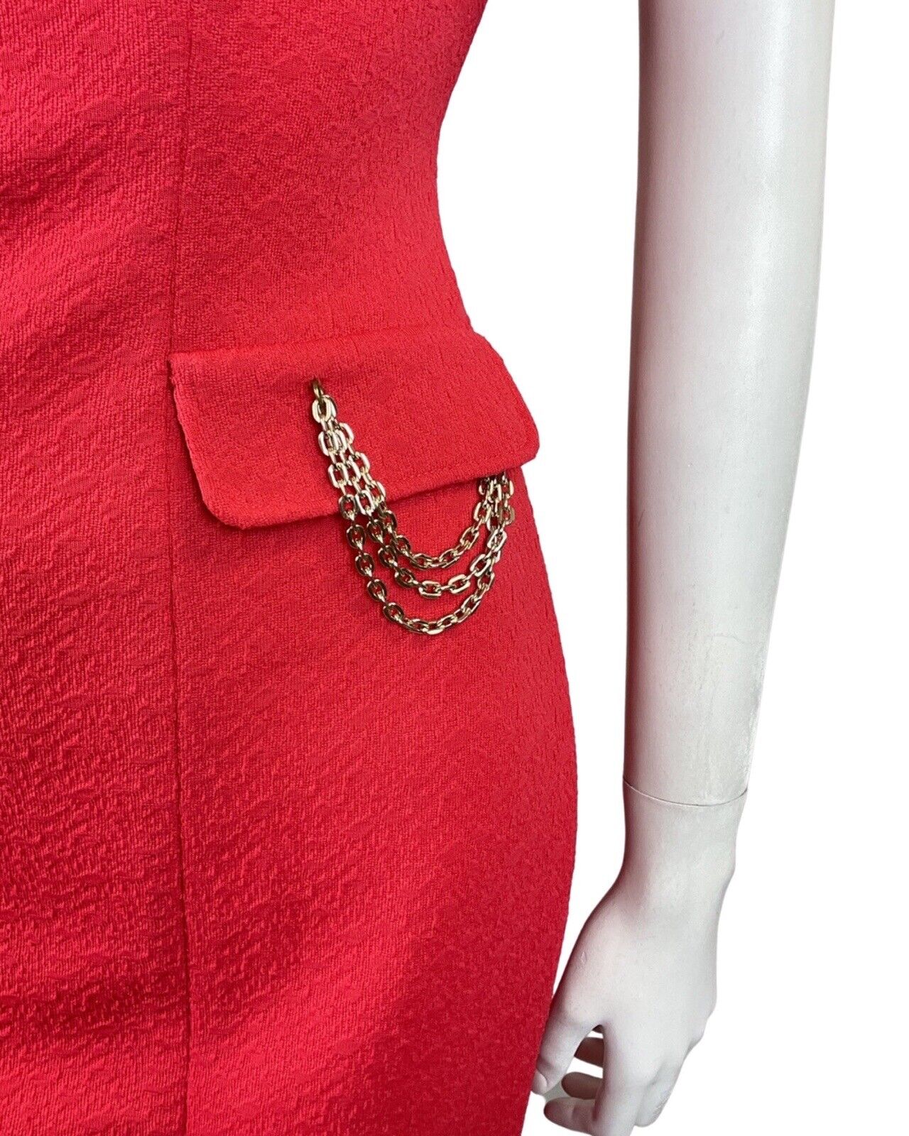 VINTAGE 60s 70s PILLARBOX RED SILVER CHAIN SHORT SLEEVE FITTED MOD DRESS 10