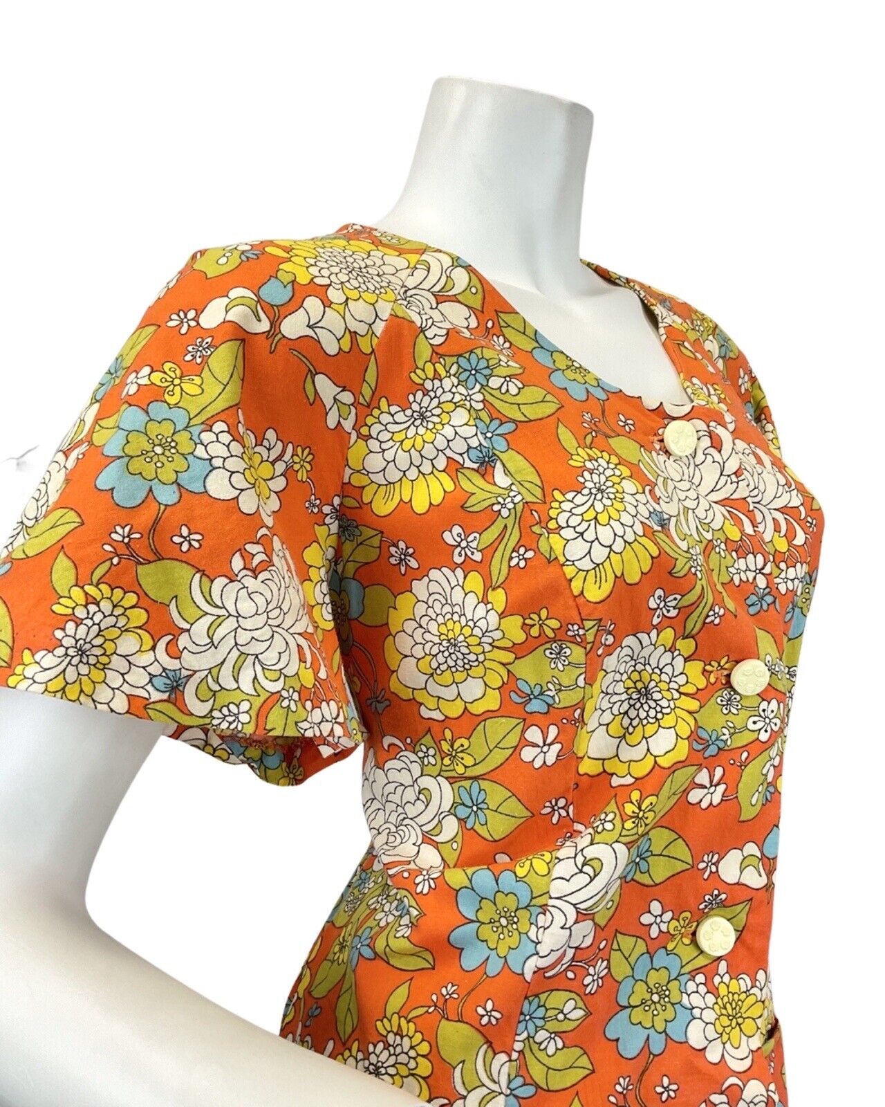 VINTAGE 60s 70s ORANGE YELLOW BLUE FLORAL LEAFY PSYCHEDELIC MOD MAXI DRESS 14