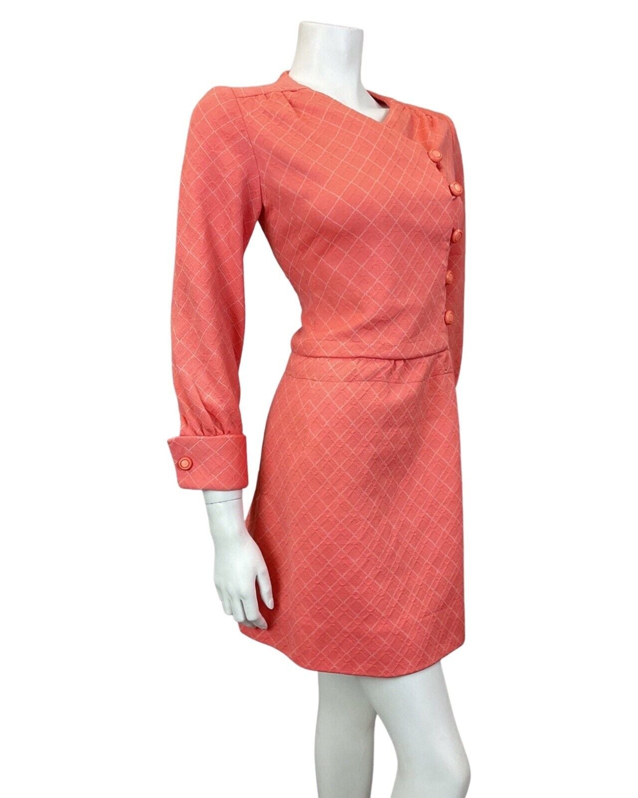 VINTAGE 60s 70s SALMON PINK WHITE GRID CHECKED MOD SCOOTER SHIFT DRESS 8